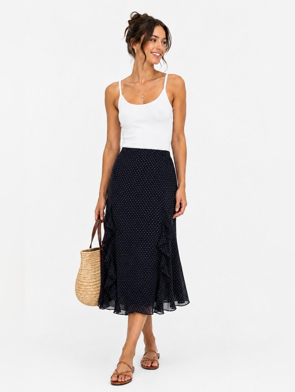 Women's Chaps Black White Polka Dot Ruffle Midi Skirt Size L